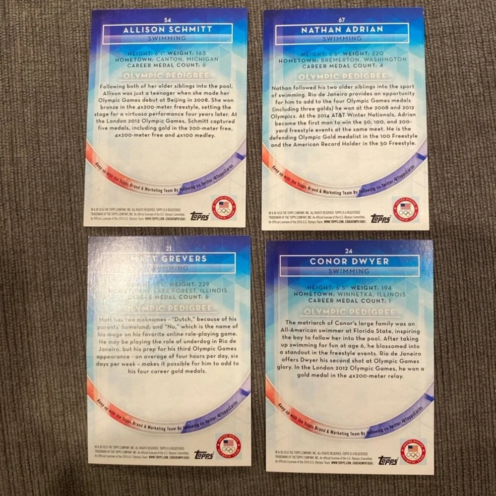 FOUR 2016 Topps Olympics Swimming trading cards - Nathan Adrian Allison Schmitt